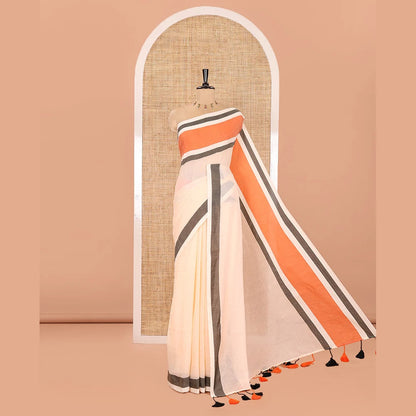 Pothys Cream Plain Khadi Mul Cotton Saree, Complemented by Contrast Orange Border, Self-Pallu, and Paired with a Matching Blouse