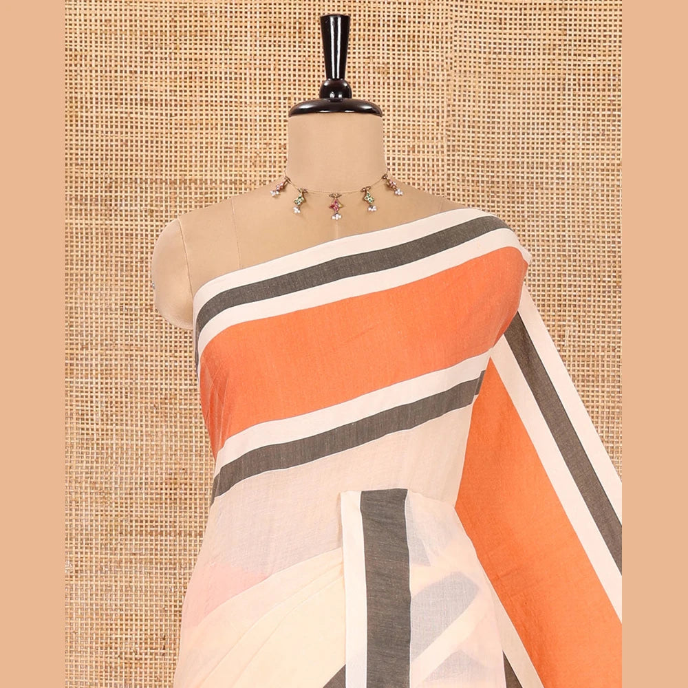 Pothys Cream Plain Khadi Mul Cotton Saree, Complemented by Contrast Orange Border, Self-Pallu, and Paired with a Matching Blouse