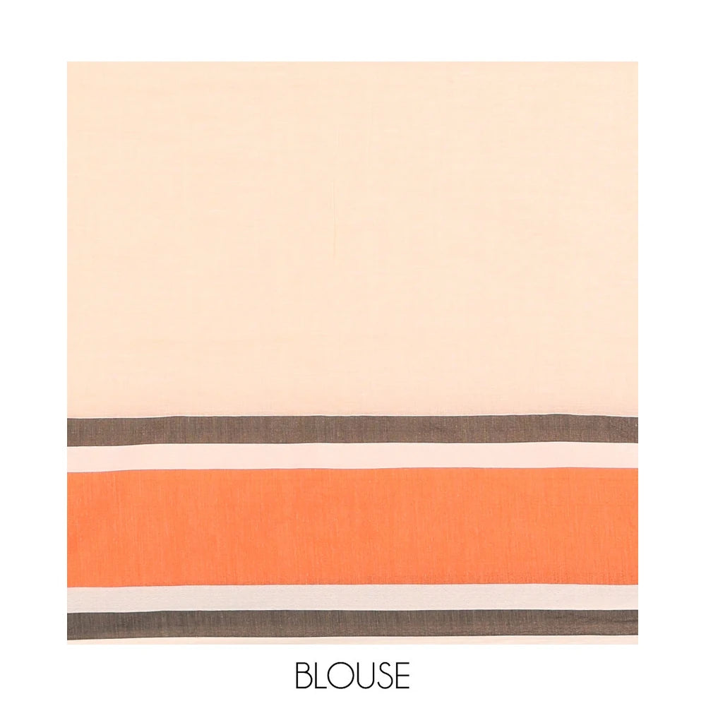 Pothys Cream Plain Khadi Mul Cotton Saree, Complemented by Contrast Orange Border, Self-Pallu, and Paired with a Matching Blouse