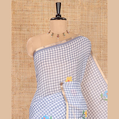 Pothys Grey Linen Cotton Saree, Beautiful Decked Up with Checks and Floral Motifs Printed All Over Its Body, Subtle Piping Border, Pallu Mirrors the Same Design, and Paired with a Printed Blouse