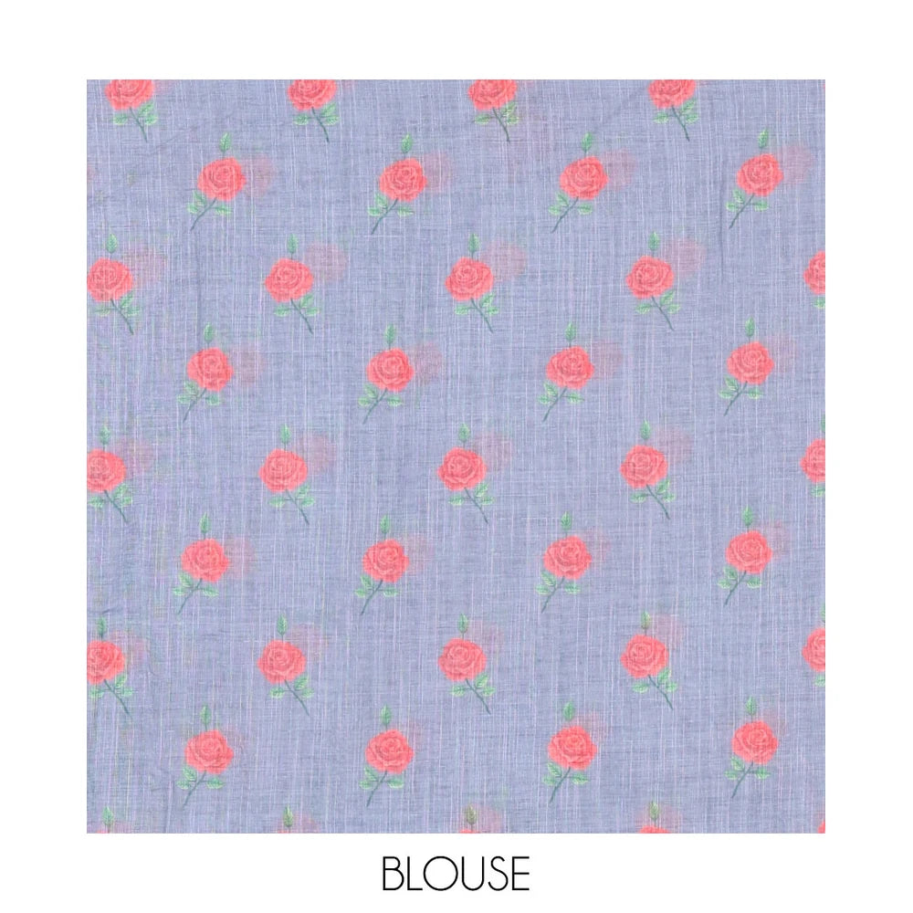 Pothys Grey Linen Cotton Saree, Beautiful Decked Up with Checks and Floral Motifs Printed All Over Its Body, Subtle Piping Border, Pallu Mirrors the Same Design, and Paired with a Printed Blouse