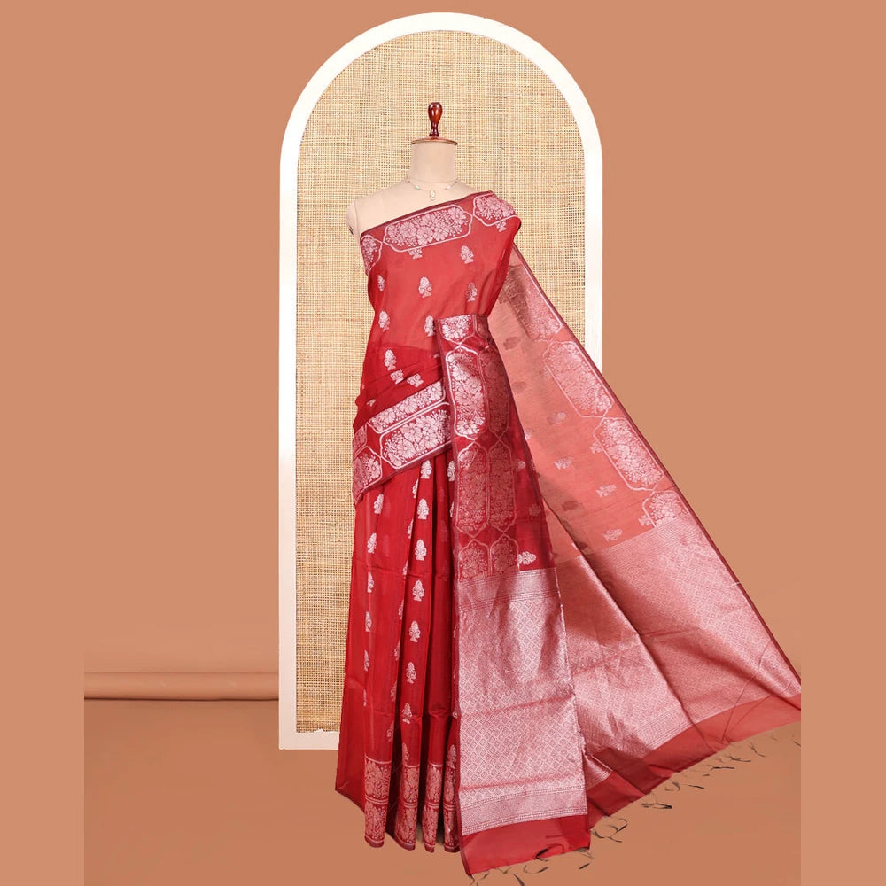 Pothys Red Semi-Silk Cotton Saree, Adorned with Zari Buttas All Over Its Body, a Subtle Border of Floral Designs, Grand Jaal Pallu, and Paired with a Matching Blouse