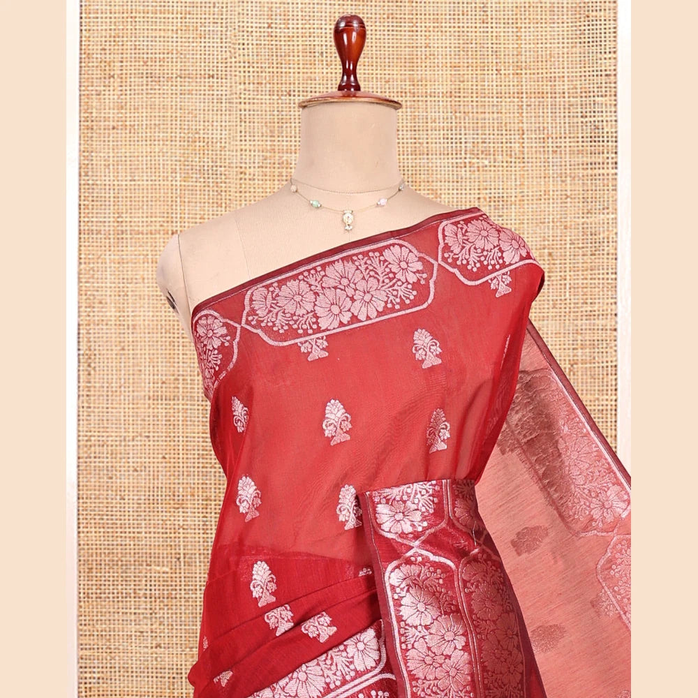 Pothys Red Semi-Silk Cotton Saree, Adorned with Zari Buttas All Over Its Body, a Subtle Border of Floral Designs, Grand Jaal Pallu, and Paired with a Matching Blouse