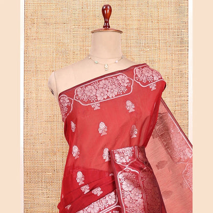 Pothys Red Semi-Silk Cotton Saree, Adorned with Zari Buttas All Over Its Body, a Subtle Border of Floral Designs, Grand Jaal Pallu, and Paired with a Matching Blouse