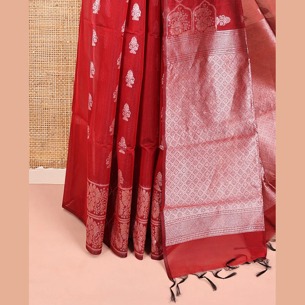 Pothys Red Semi-Silk Cotton Saree, Adorned with Zari Buttas All Over Its Body, a Subtle Border of Floral Designs, Grand Jaal Pallu, and Paired with a Matching Blouse