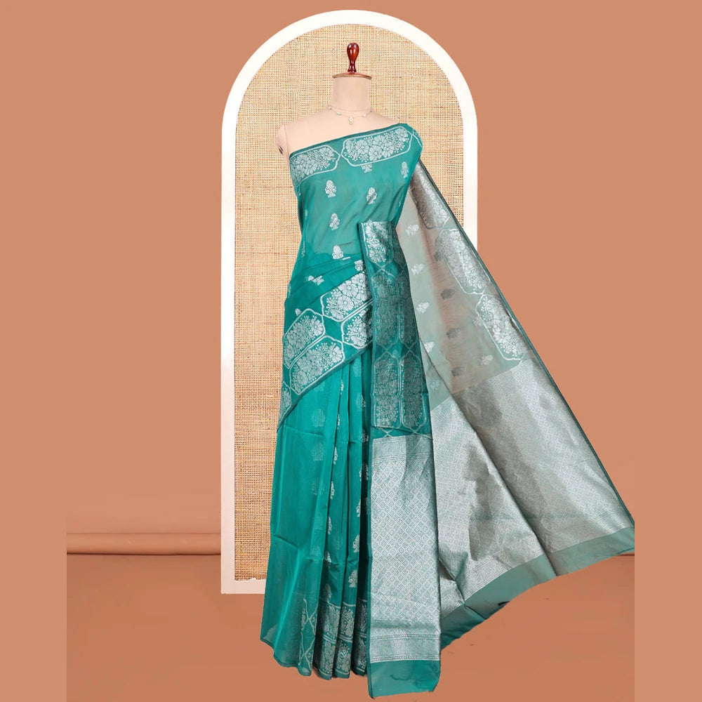 Pothys Green Semi-Silk Cotton Saree, Elevated with Zari Buttas All Over Its Body, a Subtle Border of Floral Designs, Grand Jaal Pallu, and Paired with a Matching Blouse