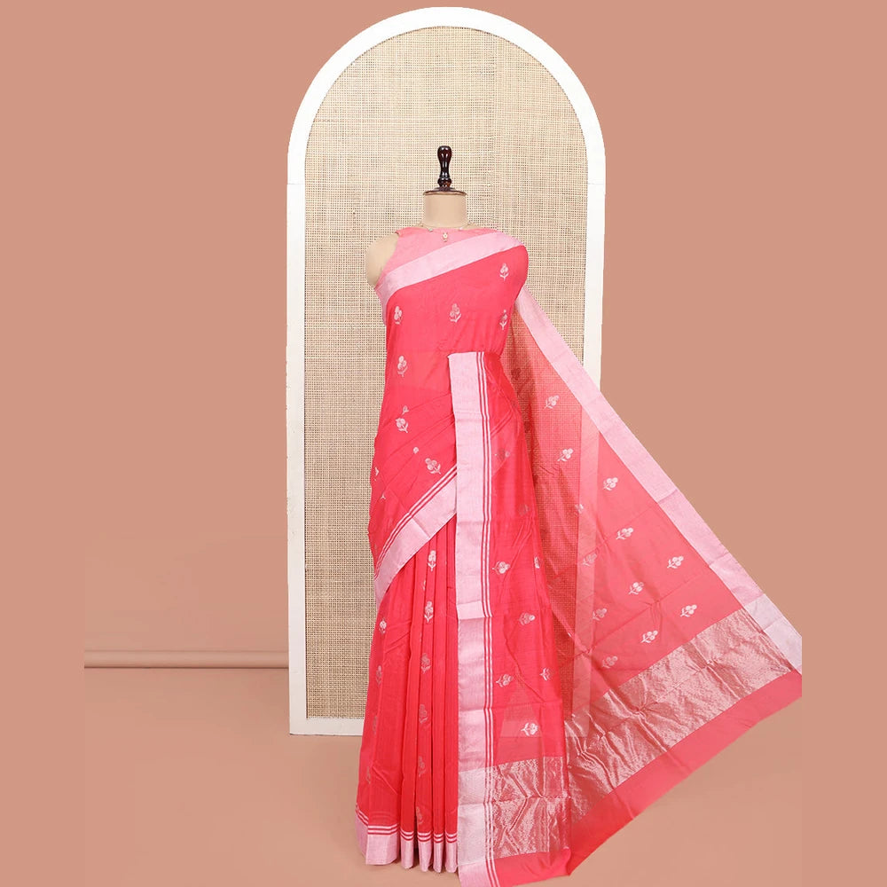 Pothys Red Chanderi Cotton Saree, Embellished with Floral Zari Buttas All Over Its Body, Highlighted by a Bavanji Border, Pallu Steeped with Zari Stripes, and Paired with a Matching Blouse