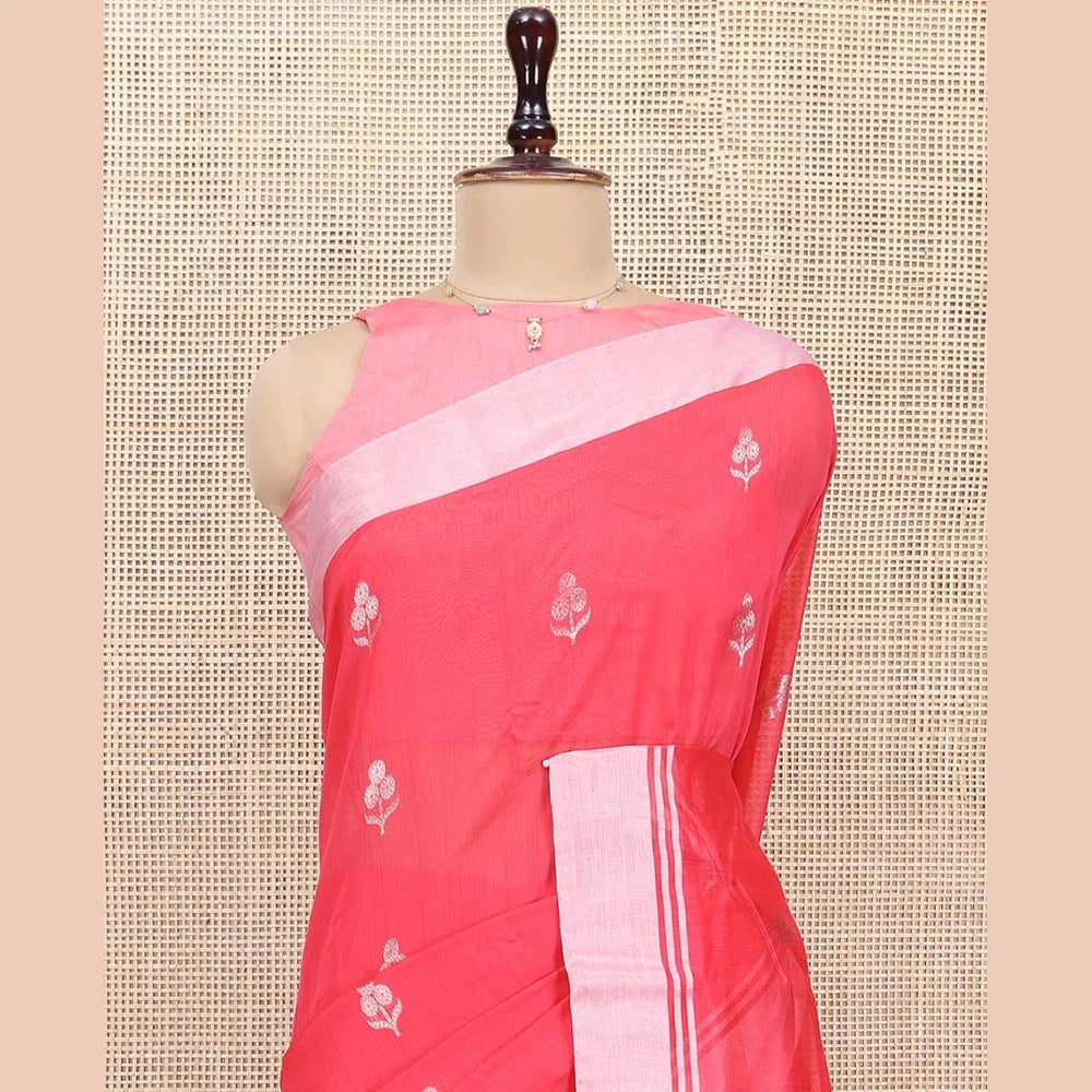 Pothys Red Chanderi Cotton Saree, Embellished with Floral Zari Buttas All Over Its Body, Highlighted by a Bavanji Border, Pallu Steeped with Zari Stripes, and Paired with a Matching Blouse