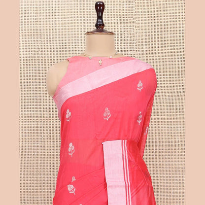 Pothys Red Chanderi Cotton Saree, Embellished with Floral Zari Buttas All Over Its Body, Highlighted by a Bavanji Border, Pallu Steeped with Zari Stripes, and Paired with a Matching Blouse
