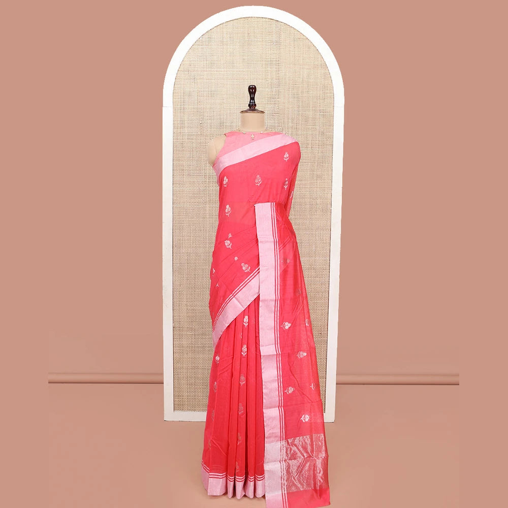 Pothys Red Chanderi Cotton Saree, Embellished with Floral Zari Buttas All Over Its Body, Highlighted by a Bavanji Border, Pallu Steeped with Zari Stripes, and Paired with a Matching Blouse