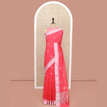 Pothys Red Chanderi Cotton Saree, Embellished with Floral Zari Buttas All Over Its Body, Highlighted by a Bavanji Border, Pallu Steeped with Zari Stripes, and Paired with a Matching Blouse