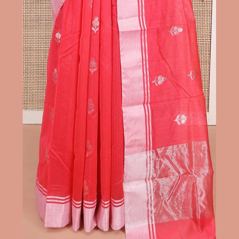 Pothys Red Chanderi Cotton Saree, Embellished with Floral Zari Buttas All Over Its Body, Highlighted by a Bavanji Border, Pallu Steeped with Zari Stripes, and Paired with a Matching Blouse