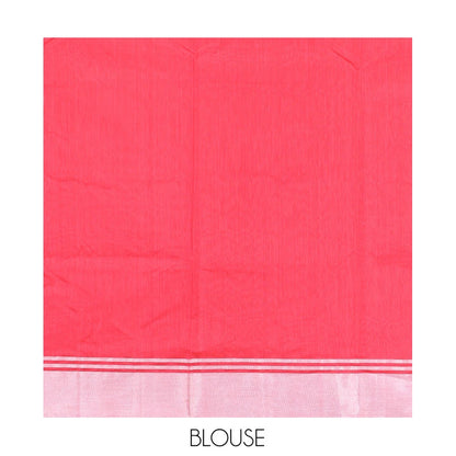 Pothys Red Chanderi Cotton Saree, Embellished with Floral Zari Buttas All Over Its Body, Highlighted by a Bavanji Border, Pallu Steeped with Zari Stripes, and Paired with a Matching Blouse