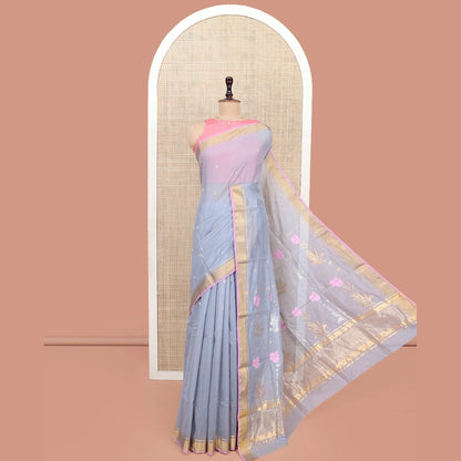 Pothys Grey Chanderi Cotton Saree, Decorated with Zari Buttas All Over Its Body, Highlighted by a Zari Border, Pallu of Zari Stripes and Floral Buttas, and Paired with a Matching Blouse