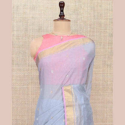 Pothys Grey Chanderi Cotton Saree, Decorated with Zari Buttas All Over Its Body, Highlighted by a Zari Border, Pallu of Zari Stripes and Floral Buttas, and Paired with a Matching Blouse