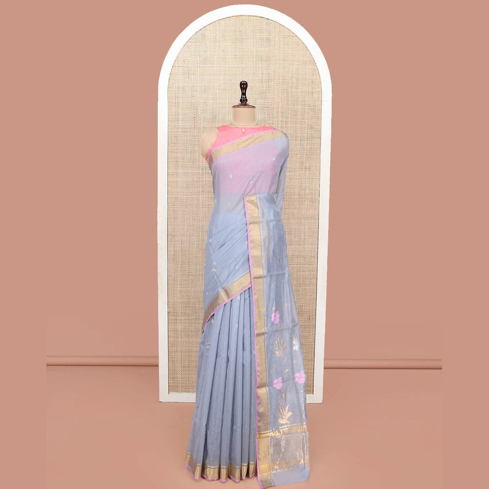 Pothys Grey Chanderi Cotton Saree, Decorated with Zari Buttas All Over Its Body, Highlighted by a Zari Border, Pallu of Zari Stripes and Floral Buttas, and Paired with a Matching Blouse