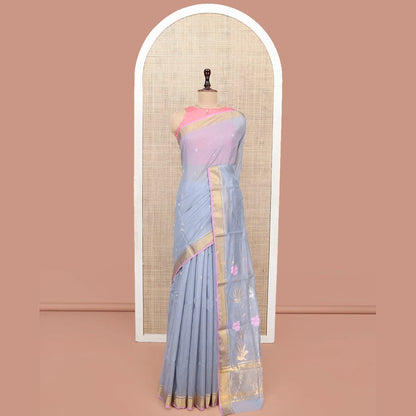 Pothys Grey Chanderi Cotton Saree, Decorated with Zari Buttas All Over Its Body, Highlighted by a Zari Border, Pallu of Zari Stripes and Floral Buttas, and Paired with a Matching Blouse