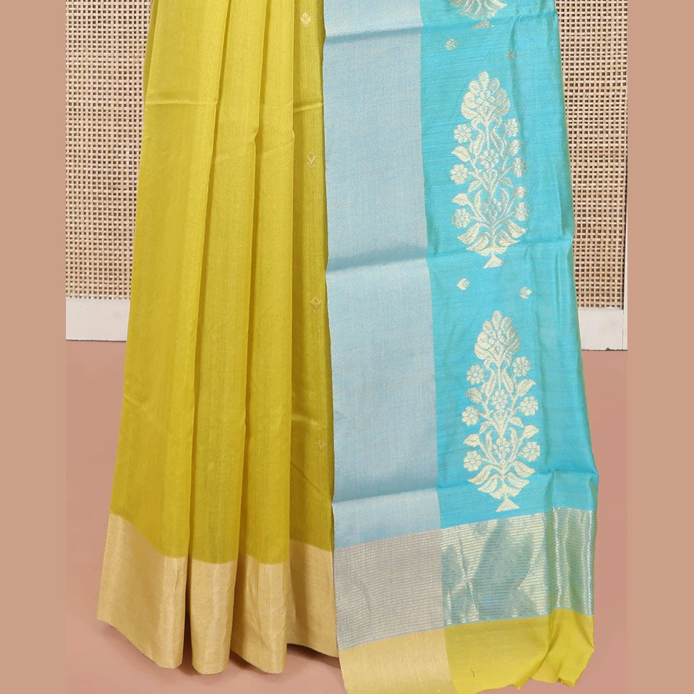 Pothys Yellow Chanderi Cotton Saree, Subtly Sparkled with Buttas All Over Its Body, Subtly Woven Bavanji Border, Complemented by a Contrast Pallu of Floral Designs, and Paired with a Contrast Blouse