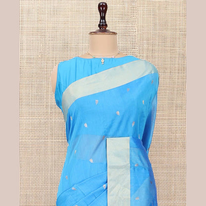 Pothys Blue Chanderi Cotton Saree with Bavanji Border & Floral Pallu