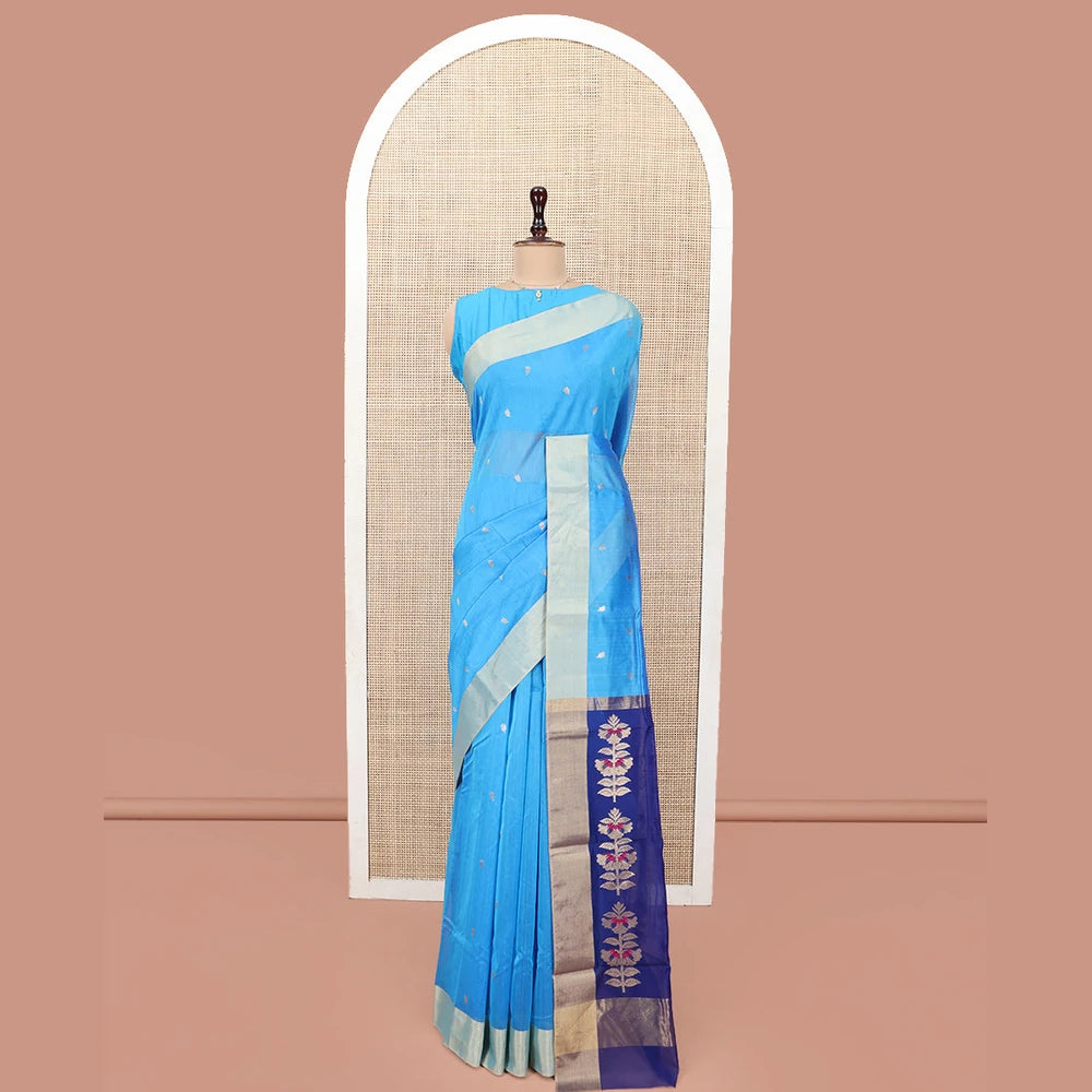 Pothys Blue Chanderi Cotton Saree with Bavanji Border & Floral Pallu