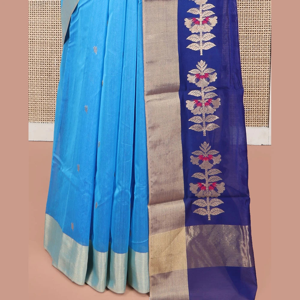 Pothys Blue Chanderi Cotton Saree with Bavanji Border & Floral Pallu