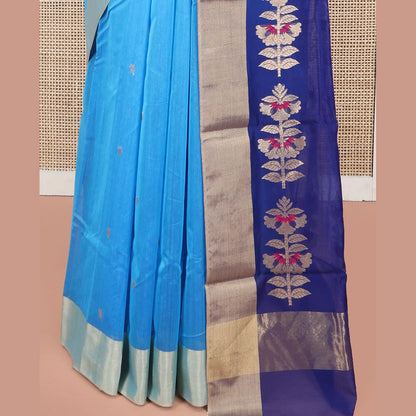 Pothys Blue Chanderi Cotton Saree with Bavanji Border & Floral Pallu
