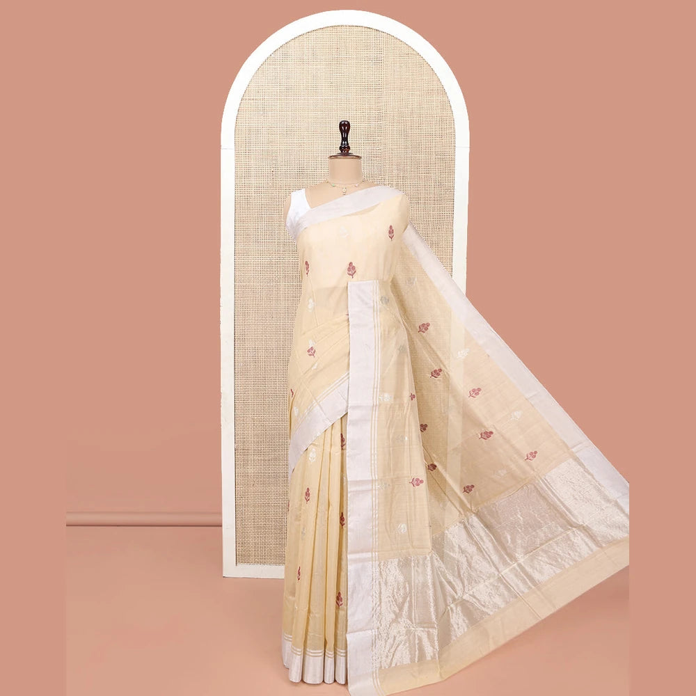 Pothys Sandal Chanderi Cotton Saree, Woven with Floral Buttas All Over Its Body, Highlighted by a Bavanji Border, Pallu Steeped with Zari Stripes, and Paired with a Matching Blouse