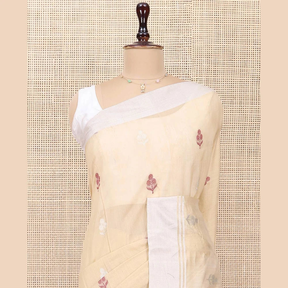 Pothys Sandal Chanderi Cotton Saree, Woven with Floral Buttas All Over Its Body, Highlighted by a Bavanji Border, Pallu Steeped with Zari Stripes, and Paired with a Matching Blouse