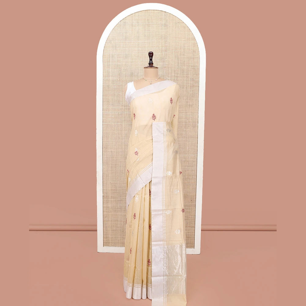 Pothys Sandal Chanderi Cotton Saree, Woven with Floral Buttas All Over Its Body, Highlighted by a Bavanji Border, Pallu Steeped with Zari Stripes, and Paired with a Matching Blouse