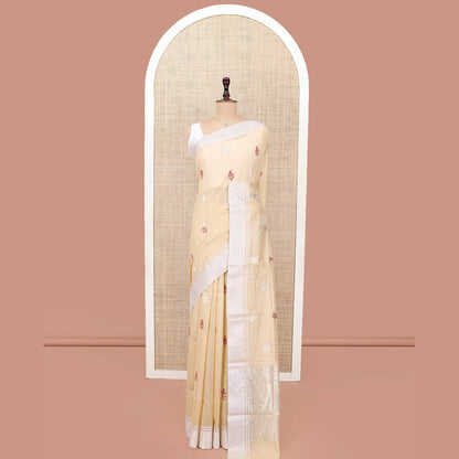 Pothys Sandal Chanderi Cotton Saree, Woven with Floral Buttas All Over Its Body, Highlighted by a Bavanji Border, Pallu Steeped with Zari Stripes, and Paired with a Matching Blouse