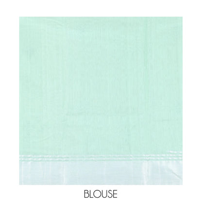 Pothys Green Chanderi Cotton Saree, Subtly Decked up with Floral Buttas All Over Its Body, Highlighted by a Bavanji Border, Pallu Steeped with Zari Stripes, and Paired with a Matching Blouse