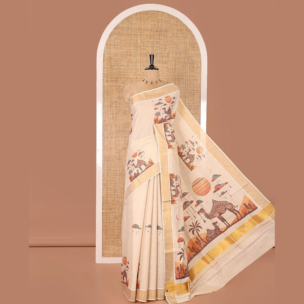 Pothys Light Gold Kerala Tissue Saree, Elevated with Desert-Themed Camel Motifs Printed on Its Body, Highlighted by a Zari Border, Desert-Theme Printed Pallu, and Paired with a Matching Blouse