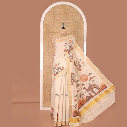 Pothys Light Gold Kerala Tissue Saree, Elevated with Desert-Themed Camel Motifs Printed on Its Body, Highlighted by a Zari Border, Desert-Theme Printed Pallu, and Paired with a Matching Blouse