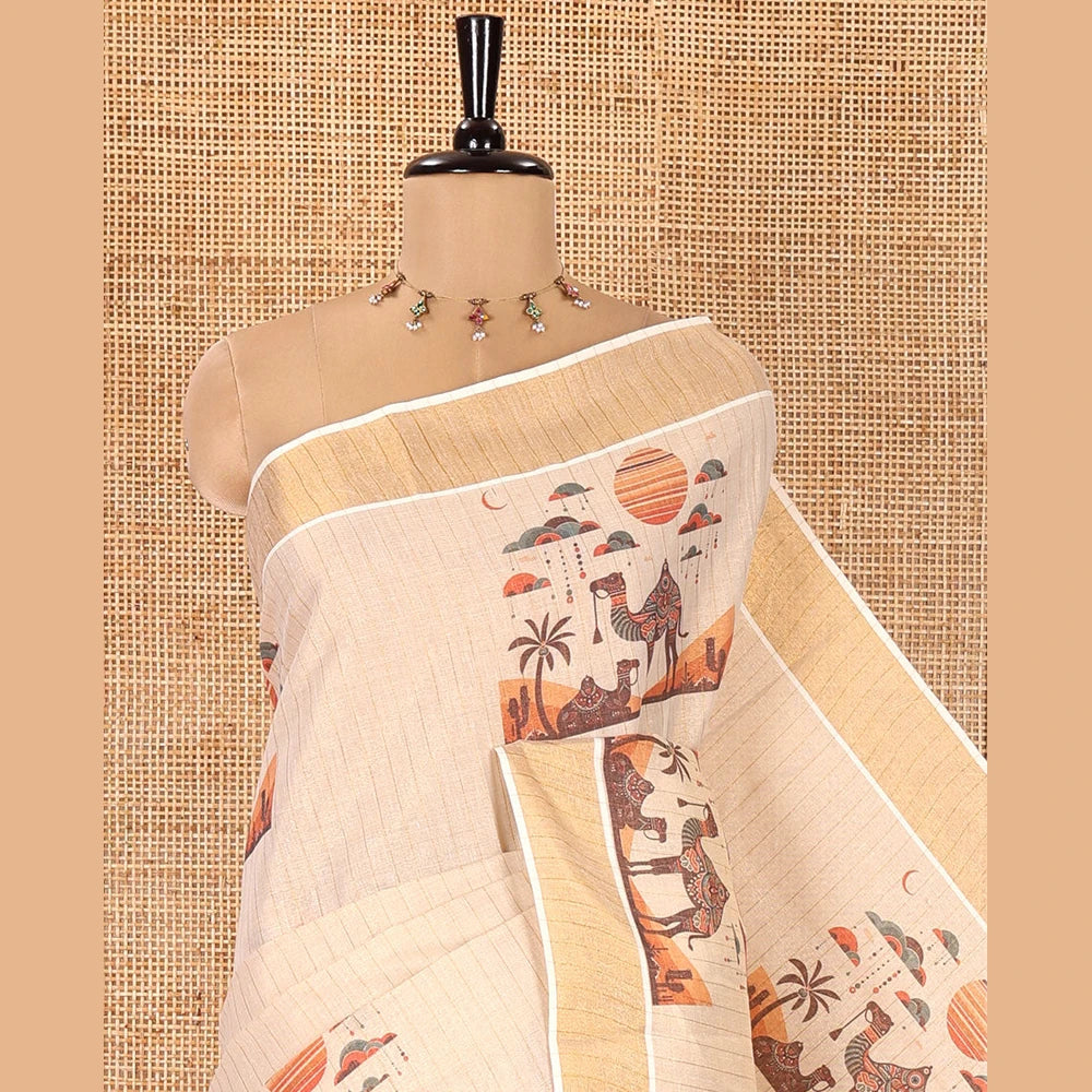 Pothys Light Gold Kerala Tissue Saree, Elevated with Desert-Themed Camel Motifs Printed on Its Body, Highlighted by a Zari Border, Desert-Theme Printed Pallu, and Paired with a Matching Blouse