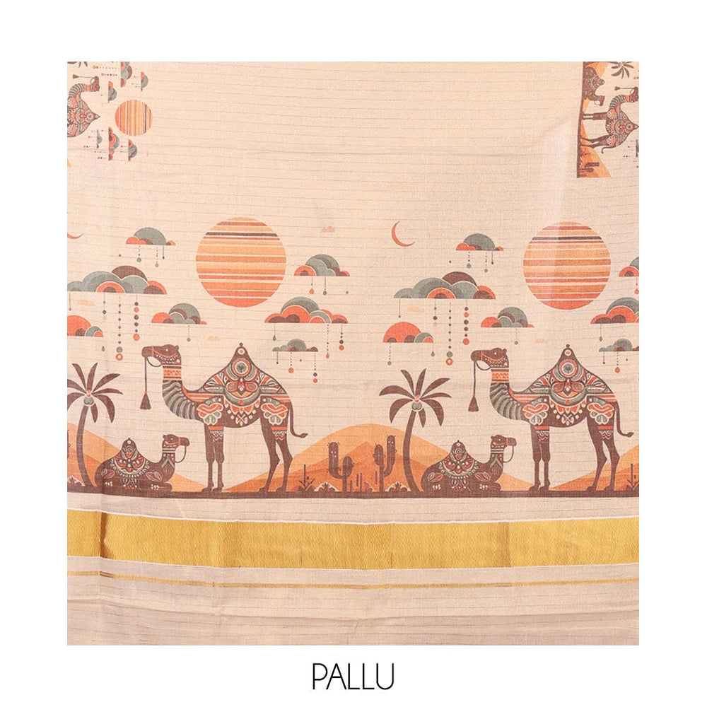 Pothys Light Gold Kerala Tissue Saree, Elevated with Desert-Themed Camel Motifs Printed on Its Body, Highlighted by a Zari Border, Desert-Theme Printed Pallu, and Paired with a Matching Blouse