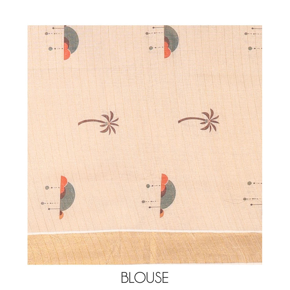 Pothys Light Gold Kerala Tissue Saree, Elevated with Desert-Themed Camel Motifs Printed on Its Body, Highlighted by a Zari Border, Desert-Theme Printed Pallu, and Paired with a Matching Blouse
