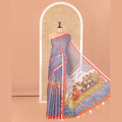 Pothys Grey Linen Cotton Saree, Bedecked with Batik Vines and Camel Motifs Printed on Its Body, Complemented by a Contrast Piping Border, Pallu of God and Goddess Figurines, and Paired with a Contrast Blouse
