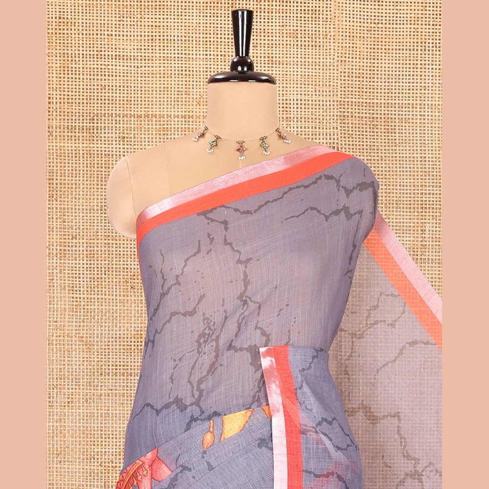 Pothys Grey Linen Cotton Saree with Batik Vine & Camel Prints