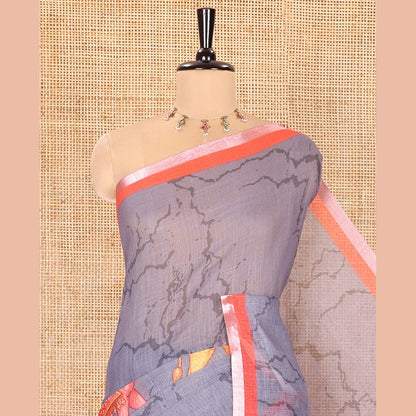 Pothys Grey Linen Cotton Saree with Batik Vine & Camel Prints