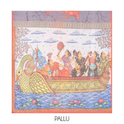 Pothys Grey Linen Cotton Saree with Batik Vine & Camel Prints