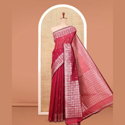 Pothys Red Semi-Silk Cotton Saree, Accentuated with Buttas All Over Its Body, Highlighted by a Zari Border of Geometric Designs, Pallu of Geometric Designs, and Paired with a Matching Blouse