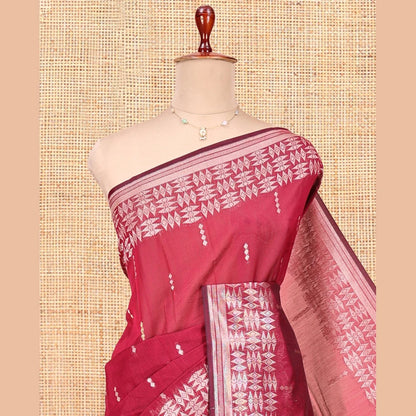 Pothys Red Semi-Silk Cotton Saree, Accentuated with Buttas All Over Its Body, Highlighted by a Zari Border of Geometric Designs, Pallu of Geometric Designs, and Paired with a Matching Blouse