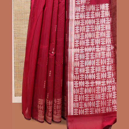 Pothys Red Semi-Silk Cotton Saree, Accentuated with Buttas All Over Its Body, Highlighted by a Zari Border of Geometric Designs, Pallu of Geometric Designs, and Paired with a Matching Blouse