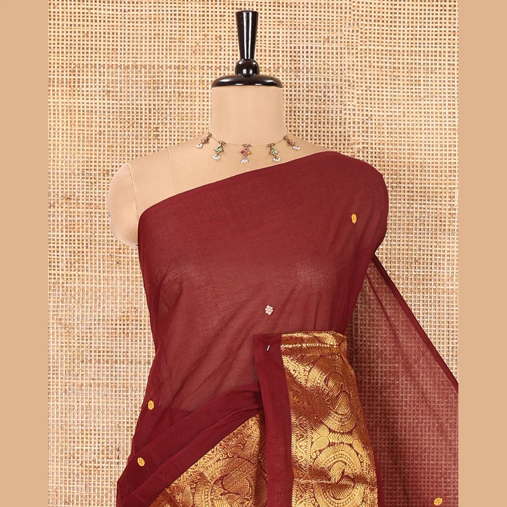 Pothys Coffee Brown Chettinad Cotton Saree with Zari Border