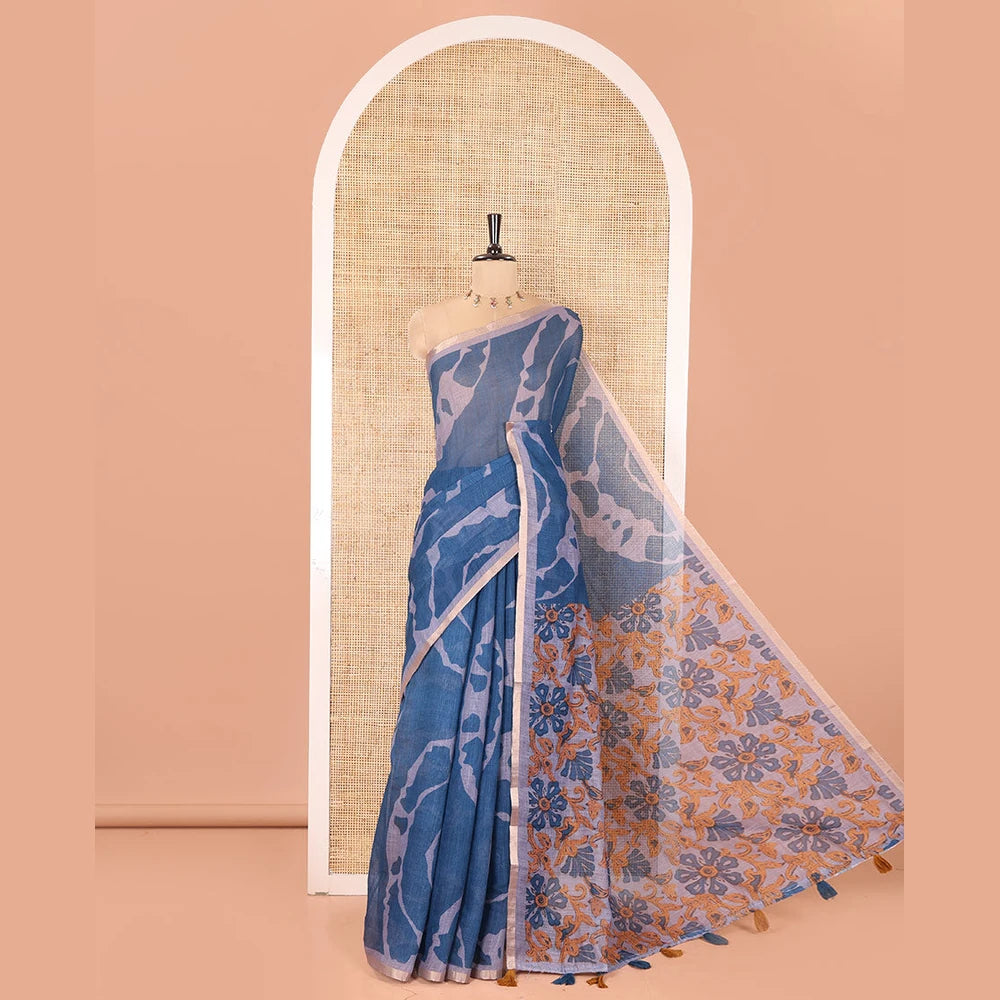 Pothys Grey Linen Cotton Saree, Adorned with Shibori Prints on Its Body, Subtle Contrast Piping Border, Pallu of Floral Print, and Paired with a Matching Blouse