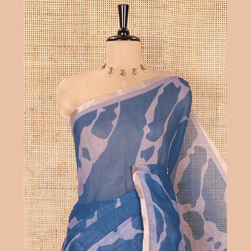 Pothys Grey Linen Cotton Saree, Adorned with Shibori Prints on Its Body, Subtle Contrast Piping Border, Pallu of Floral Print, and Paired with a Matching Blouse