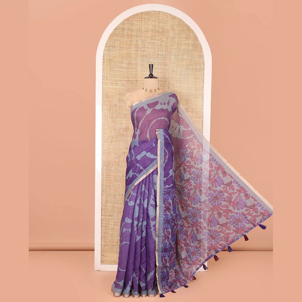 Pothys Violet Linen Cotton Saree, Adorned with Shibori Prints on Its Body, Subtle Contrast Piping Border, Pallu of Floral Print, and Paired with a Matching Blouse