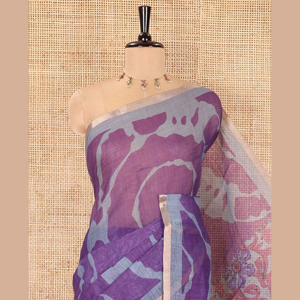 Pothys Violet Linen Cotton Saree, Adorned with Shibori Prints on Its Body, Subtle Contrast Piping Border, Pallu of Floral Print, and Paired with a Matching Blouse