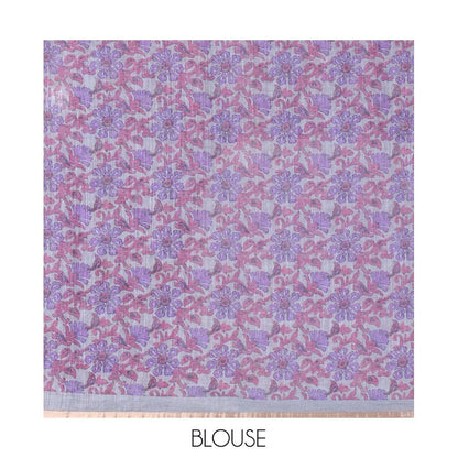 Pothys Violet Linen Cotton Saree, Adorned with Shibori Prints on Its Body, Subtle Contrast Piping Border, Pallu of Floral Print, and Paired with a Matching Blouse