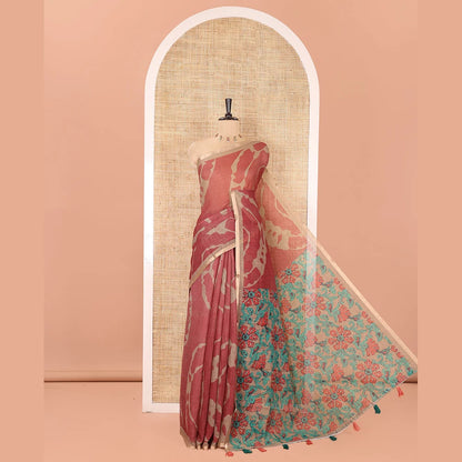 Pothys Chikoo Linen Cotton Saree, Adorned with Shibori Prints on Its Body, Subtle Contrast Piping Border, Pallu of Floral Print, and Paired with a Matching Blouse